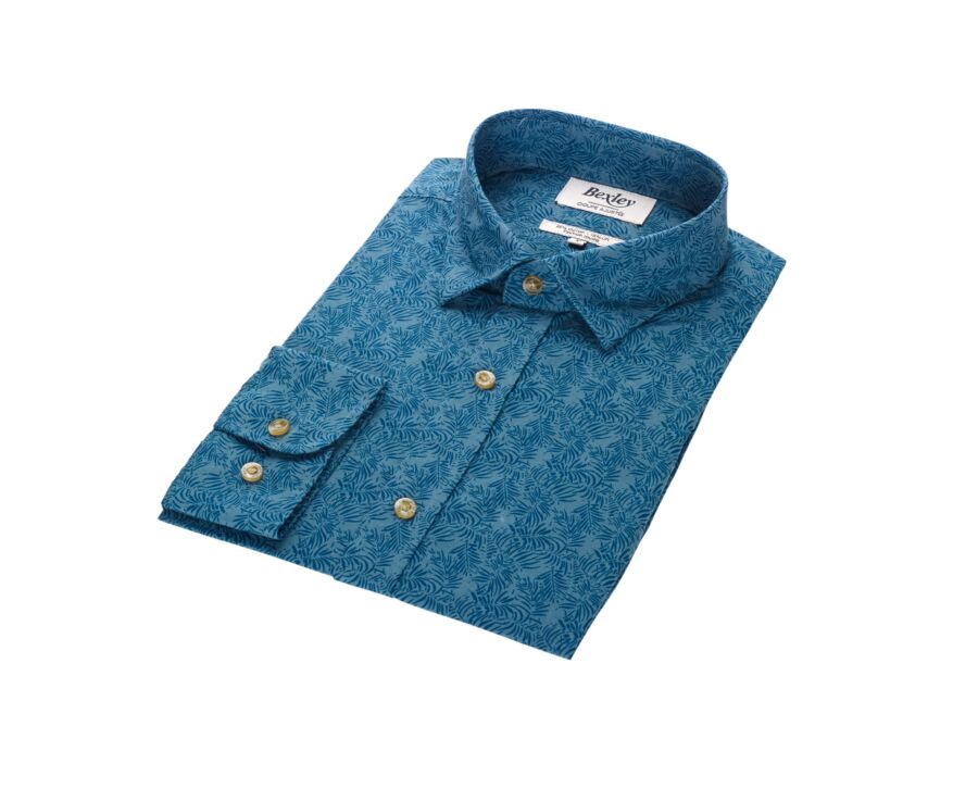 Chemise coton lin homme verte à motif tropical bleu - GOBERT
