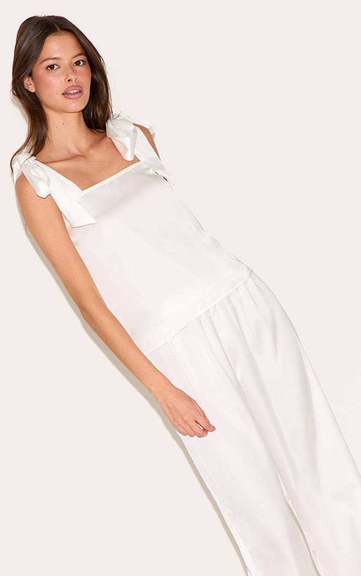 Blanc Ensemble Pyjama Long Caraco En Satin Avec Nœud Ruban