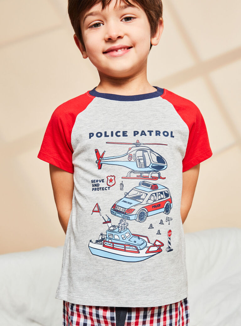 Pyjama gris chiné à motifs police et à imprimé à carreaux