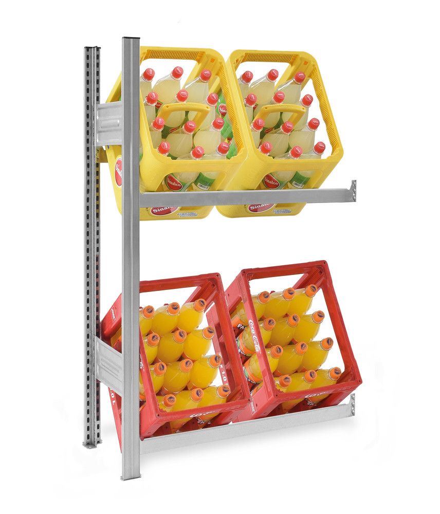 PROREGAL Drankkrattenrek, insteeksysteem, T-profiel, opzetplank, HxBxD 120 x 75 x 30 cm, plankbelasting 100 kg, 2 niveaus voor 4 drankkratten, verzinkt