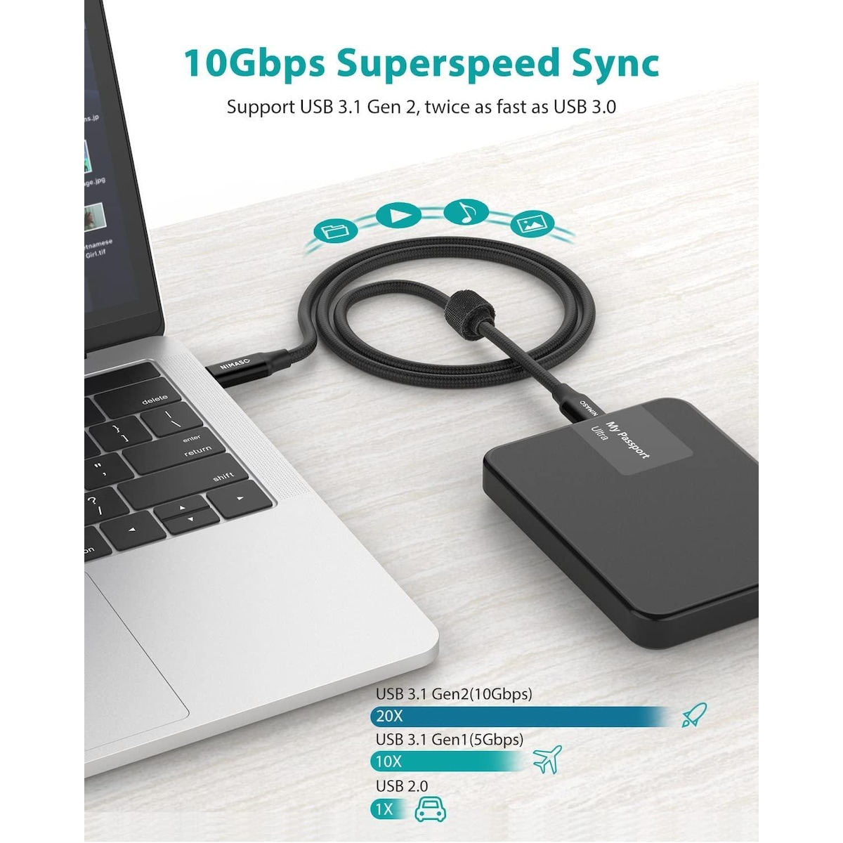 USB IF-sertifisert 1m USB3.2 Gen2 SuperSpeed ​​​​USB 10Gbps USB-C til C-kabel med strømforsyning 100W, 4K60Hz video og Emarker