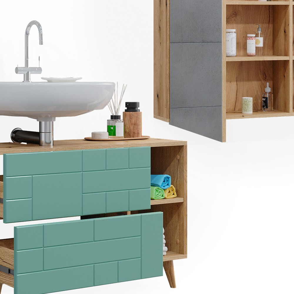 Vicco Badmöbel-Set Rudi in Eiche Evoke Mintgrün, Badezimmer, moderne Badserie Waschbeckenunterschrank Spiegelschrank
