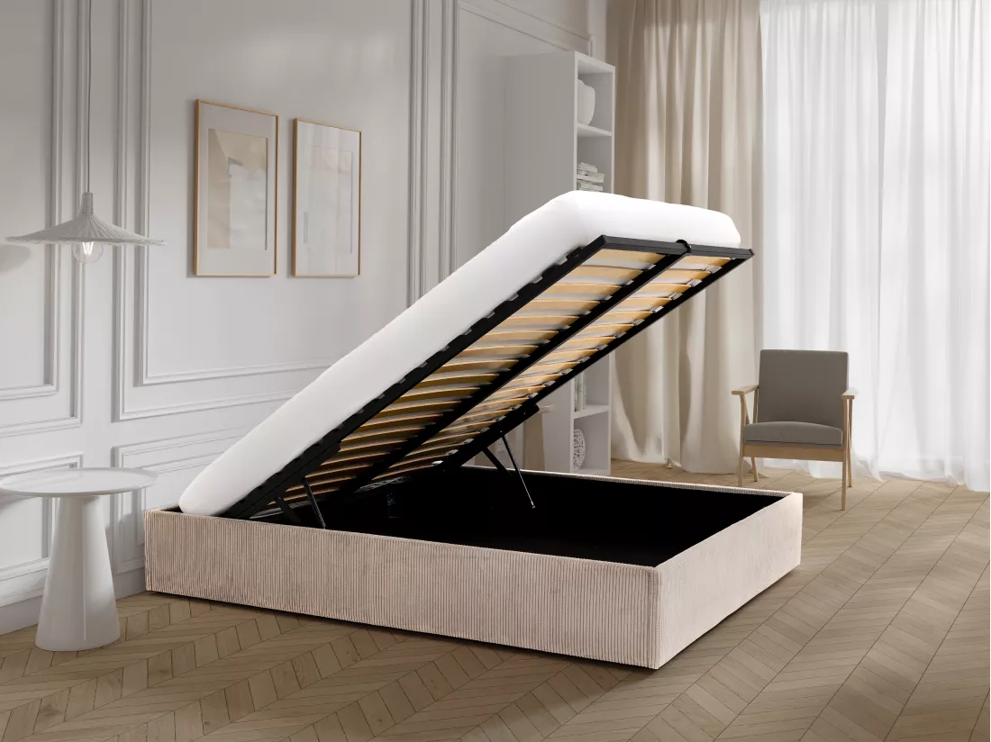 Sommier coffre 160 x 200 cm en velours côtelé - Crème - PONTOS II de YSMÉE