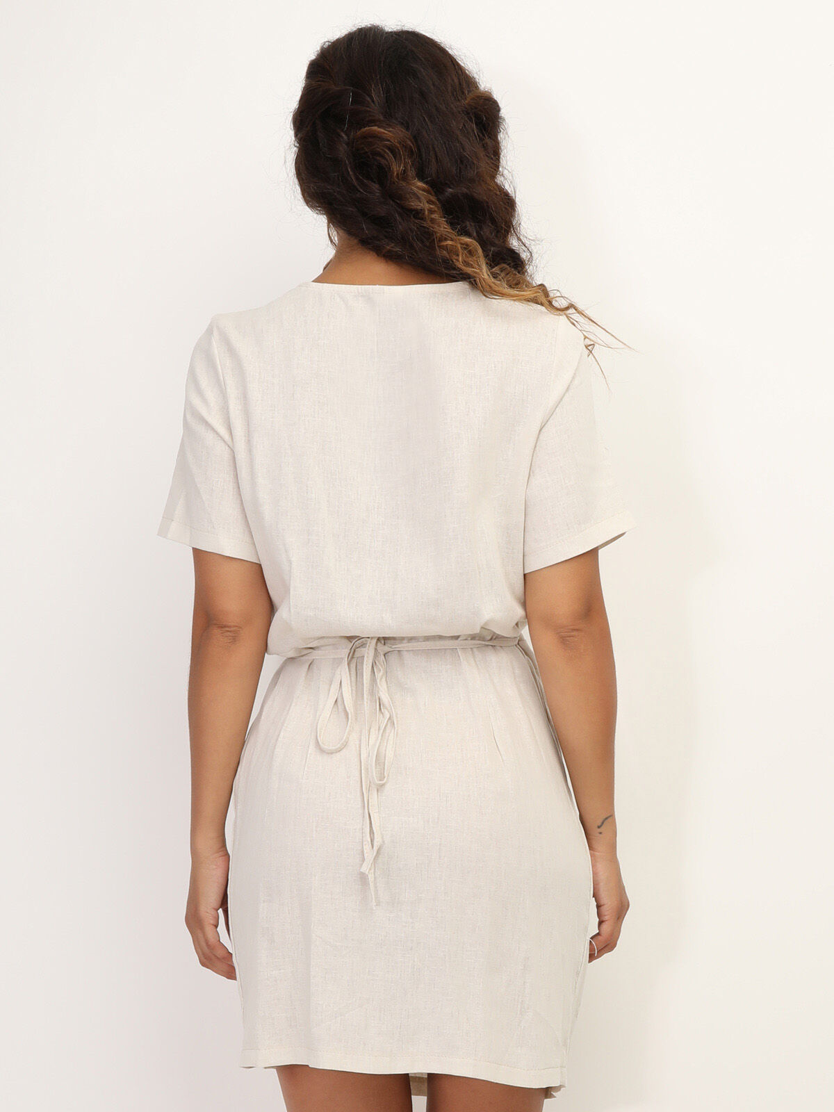 Robe portefeuille en lin- Beige