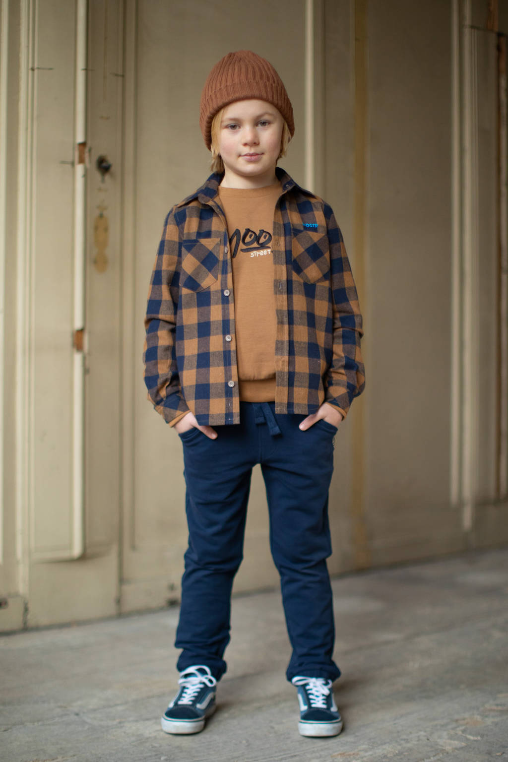 Moodstreet gebreide sweater Sev met printopdruk karamelbruin