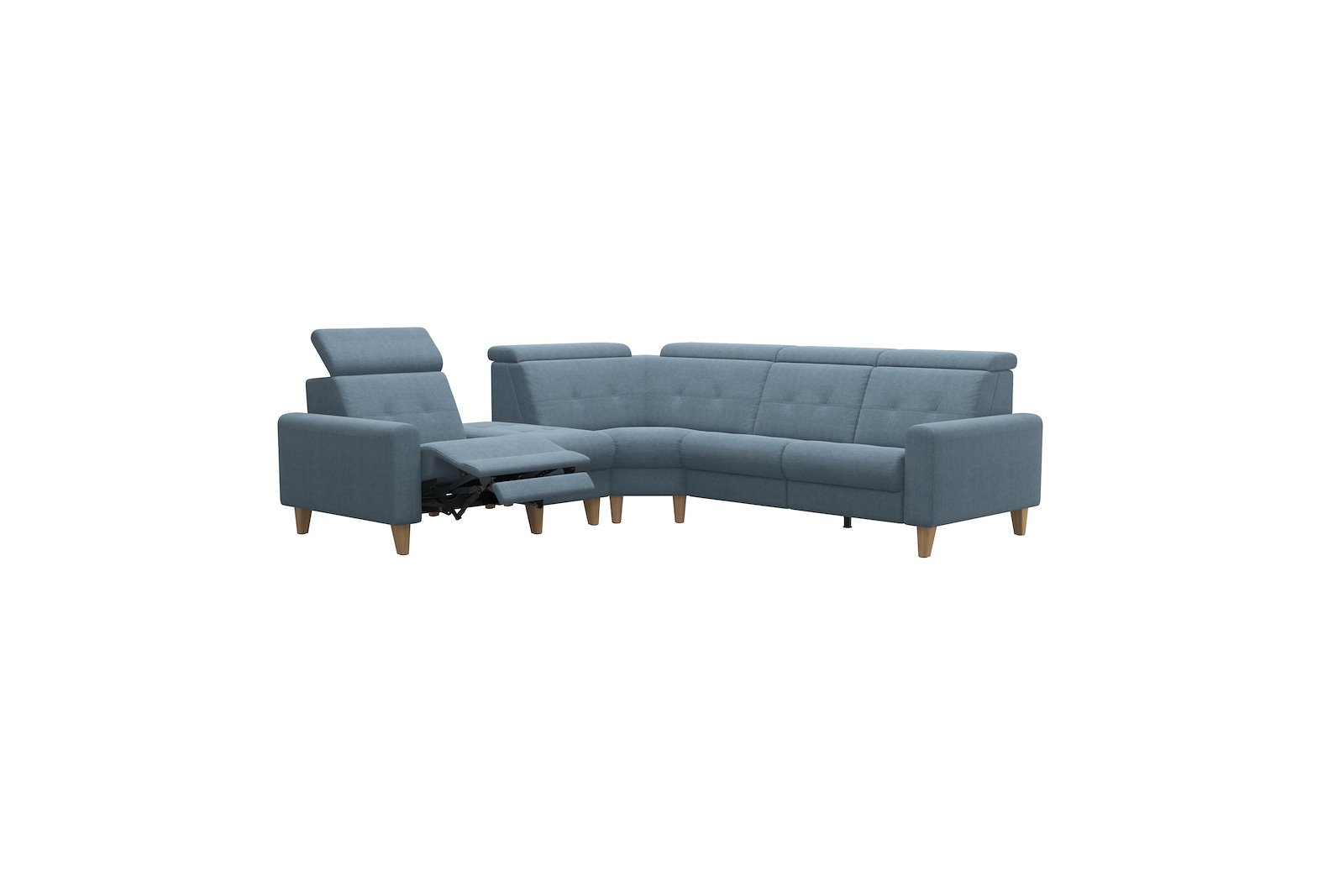 Anna C12 hjørnesofa (PCenterCMM) Tekstil Dahlia Light Blue med A1 arm og eikbeisede skrå ben, 14 cm. (Power-Center-CornerManual-Manual)
