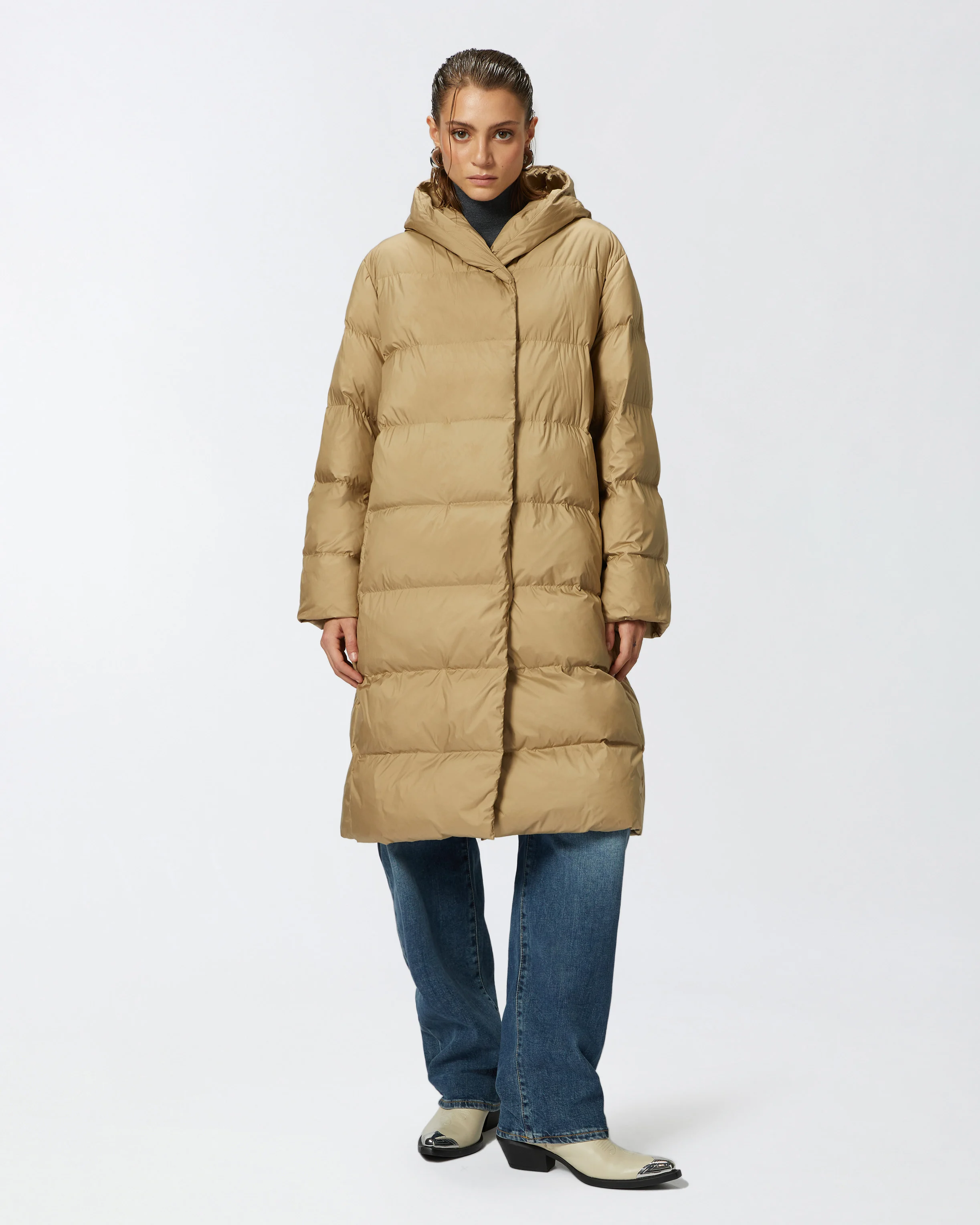 Doudoune esprit caban rembourrée et ceinturée en toile technique | Beige