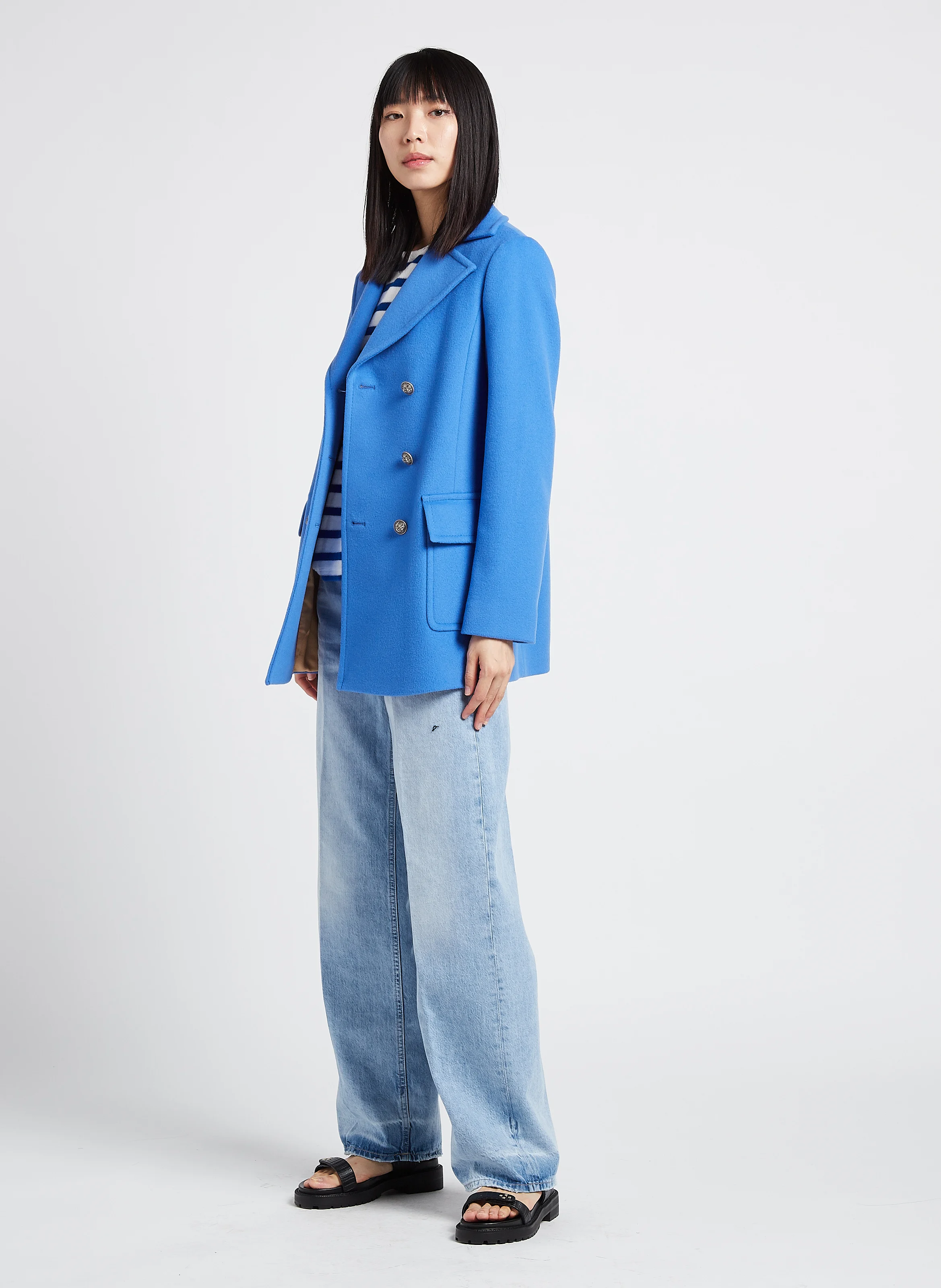 SALATO - Manteau court col tailleur en laine | Bleu