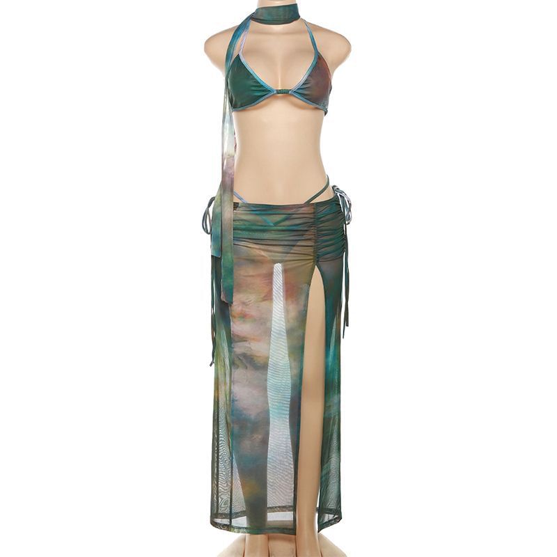 Emilyn - Set: Halter Tie Dye Bikinitop + Strikbroekje aan de zijkant + Gerimpelde Splitrok
