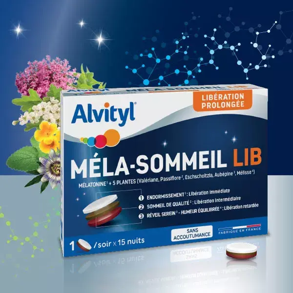 Alvityl Mela-Sommeil LIB Melatonina + 5 plantas, para maiores de 18 anos, 15 comprimidos