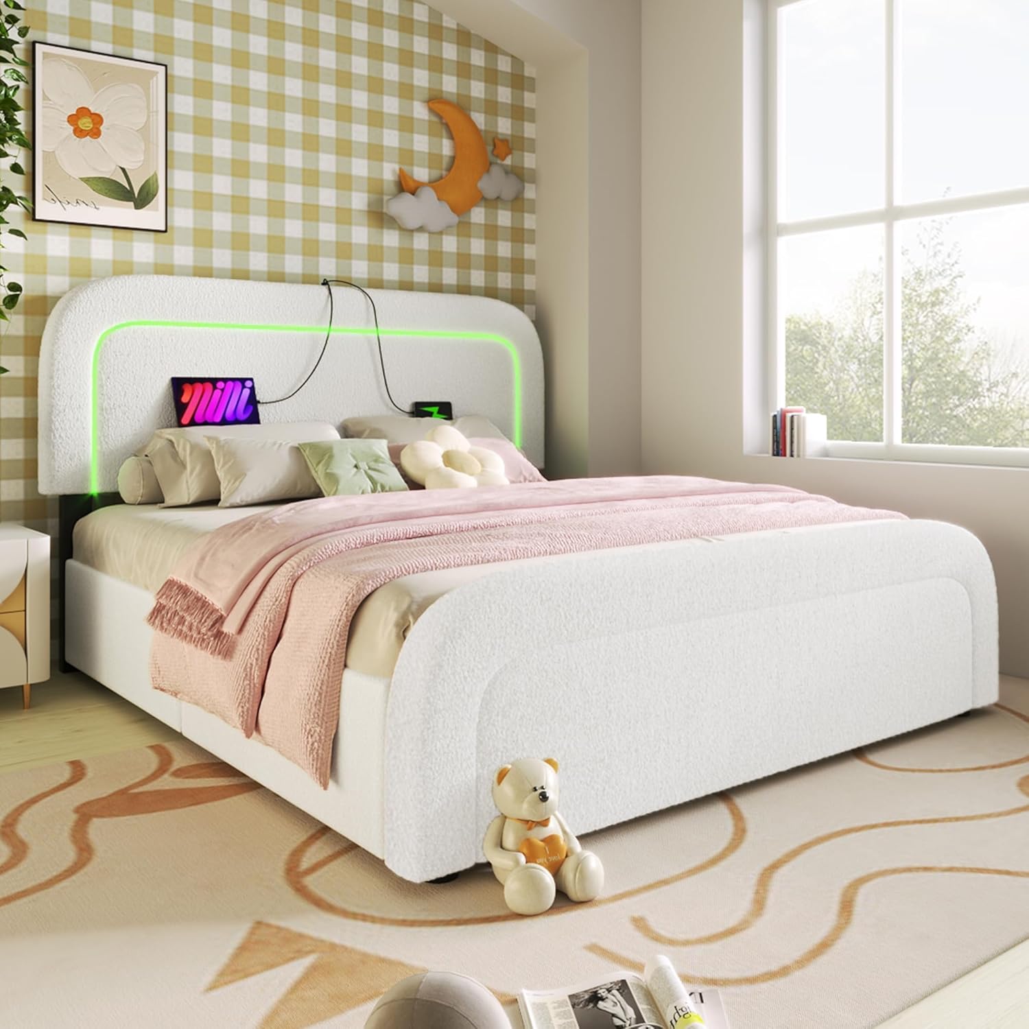Merax Polsterbett 140x200cm mit 4 Schubladen, Aufladen USB, LED-Beleuchtung, Doppelbett Bettgestell mit Lattenrost & Verstellbares Kopfteil, Jugendbett mit Fußteil, Metallrahmen, ohne Matratze, Weiß