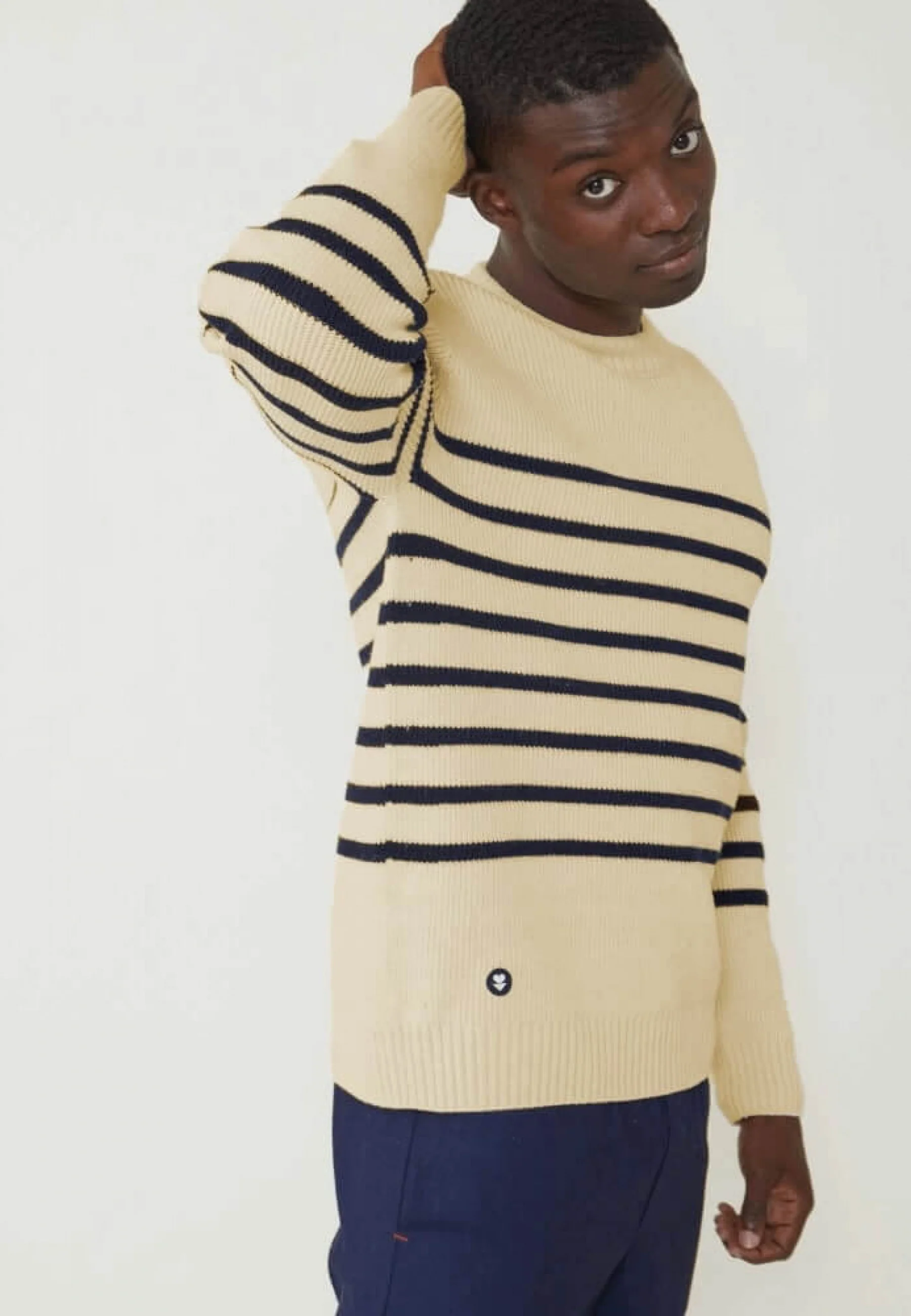 Pull mixte en laine française-Lude Marinière Ecru Marine