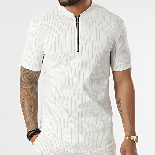 Ensemble Tee Shirt Col Zippé Et Short A Rayures UY847 Blanc