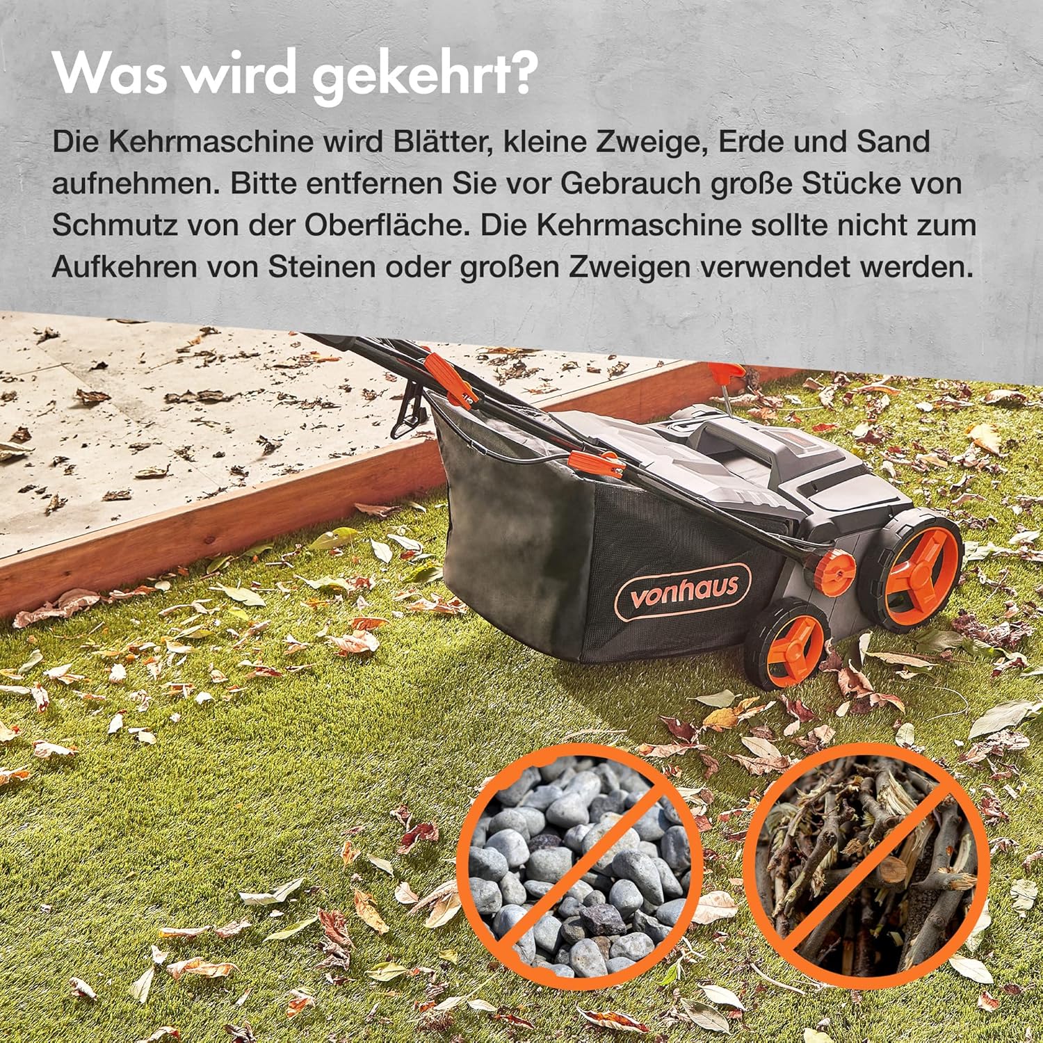 VonHaus 1800 W Laubsammler für Kunstrasen – Elektrische Kehrmaschine – Laubsauger mit 45-L-Beutel, 5 Einstellbare Höhen, 380 mm Arbeitsbreite, Zusammenklappbarer Griff, 3 Jahre Garantie