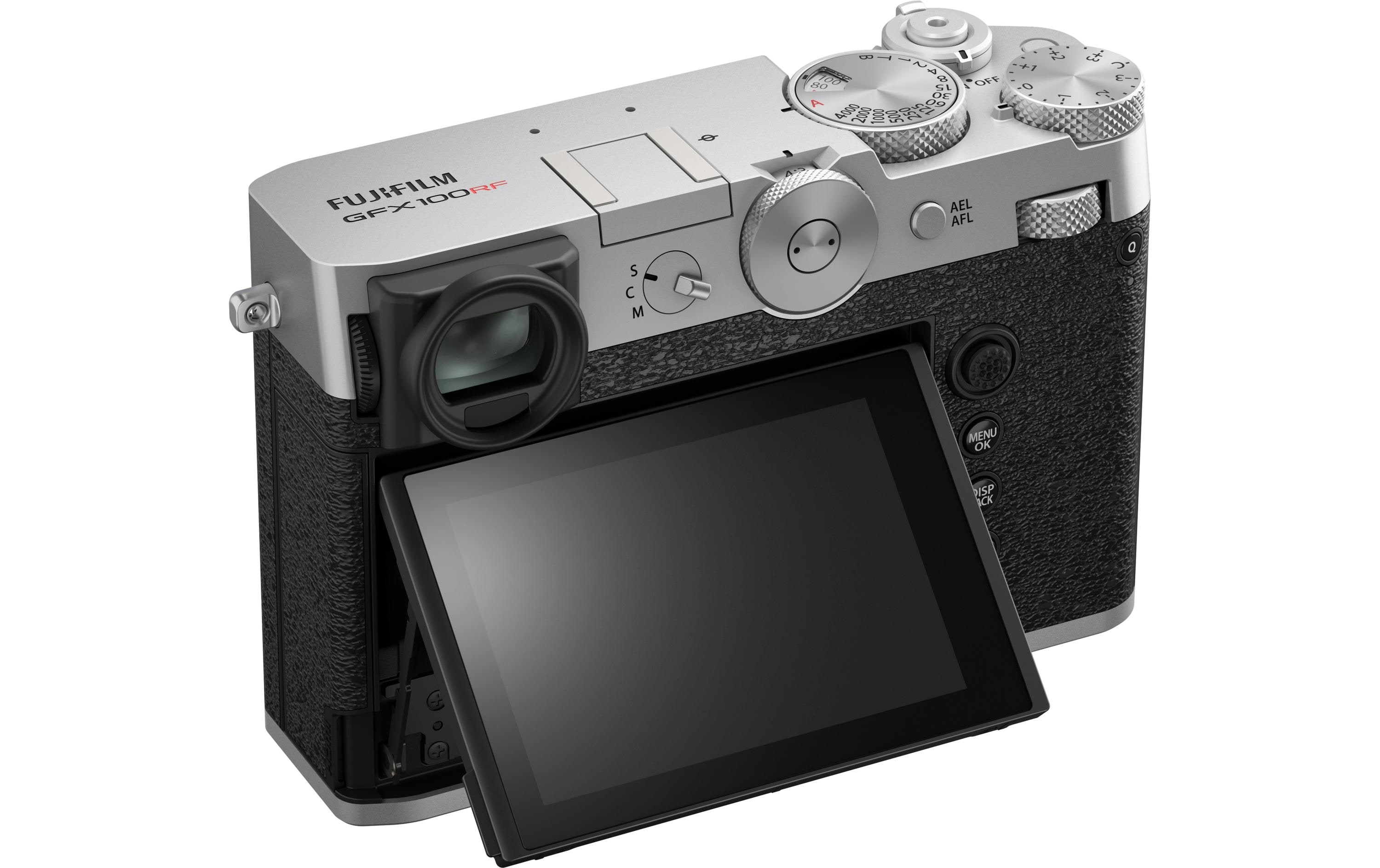 Fotokamera GFX 100RF Silber<br>GFX-Kamera mit fest verbautem Objektiv und bringt die Mittelformat-Bildqualität in ein ultrakompaktes Design