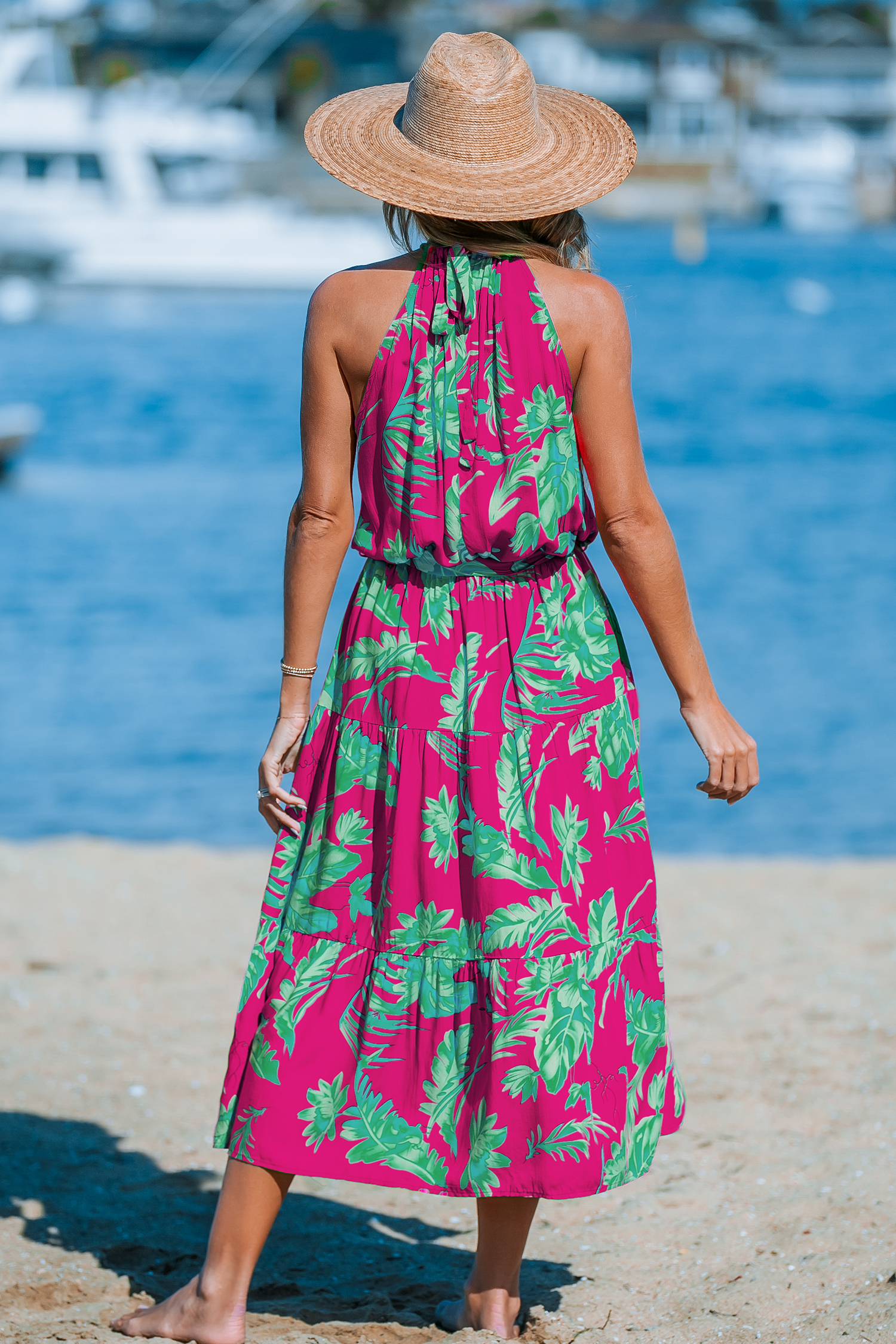 Robe maxi à col licou tropical rose et verte