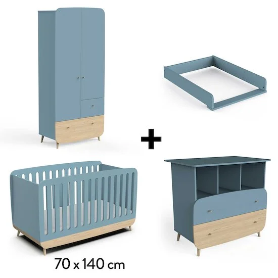 Firmiana Lit 70 x 140 cm Évolutif + Commode + Plan à Langer + Armoire   Bleu Orage / Bois Naturel        de               CBA Meubles