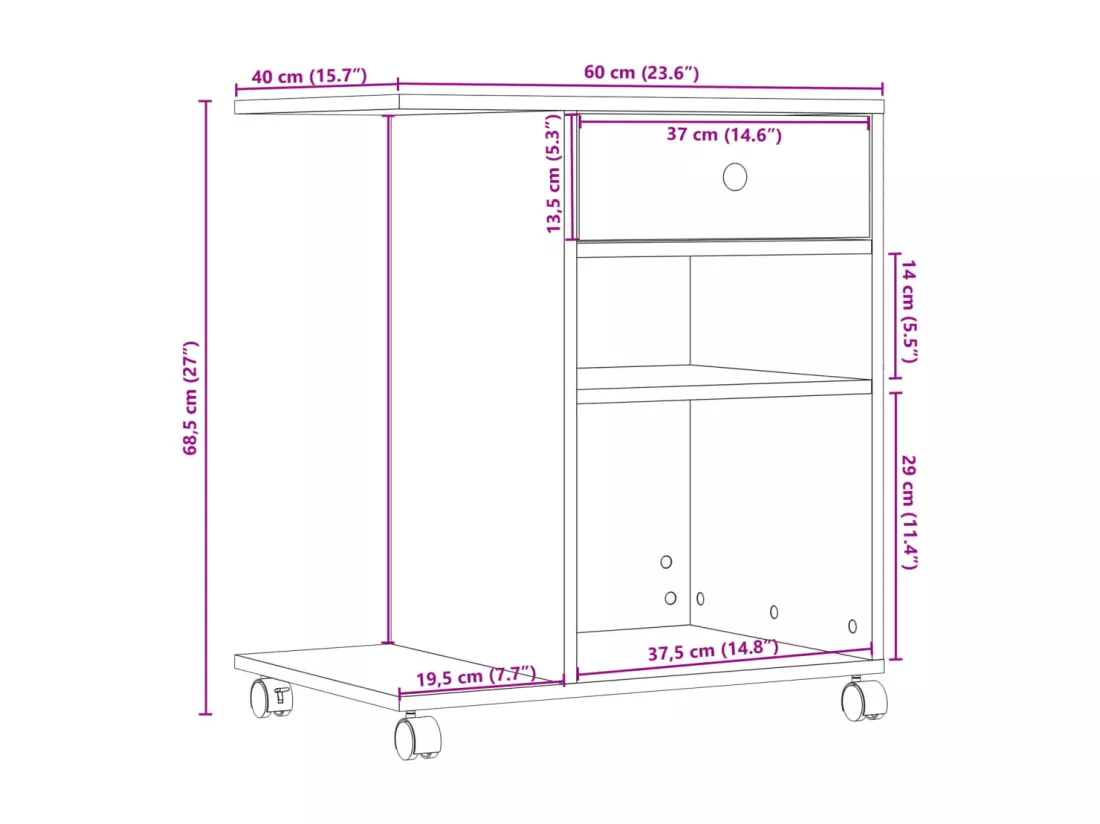 Support d'imprimante avec roulettes sonoma gris 60x40x68,5 cm
