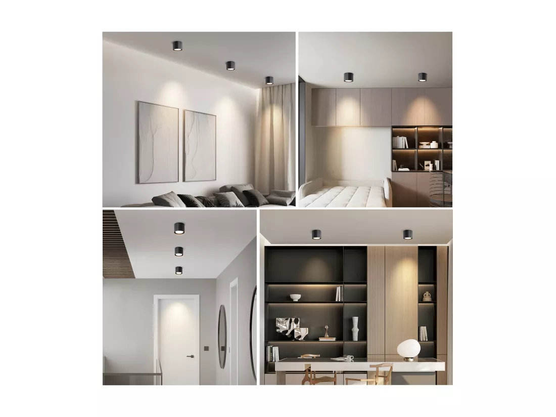NETTLIFE Plafonnier Spot LED Noir : Plafond rond en saillie, alum. 230V, ampoule GX53 5W 3000K, pour chambre, couloir