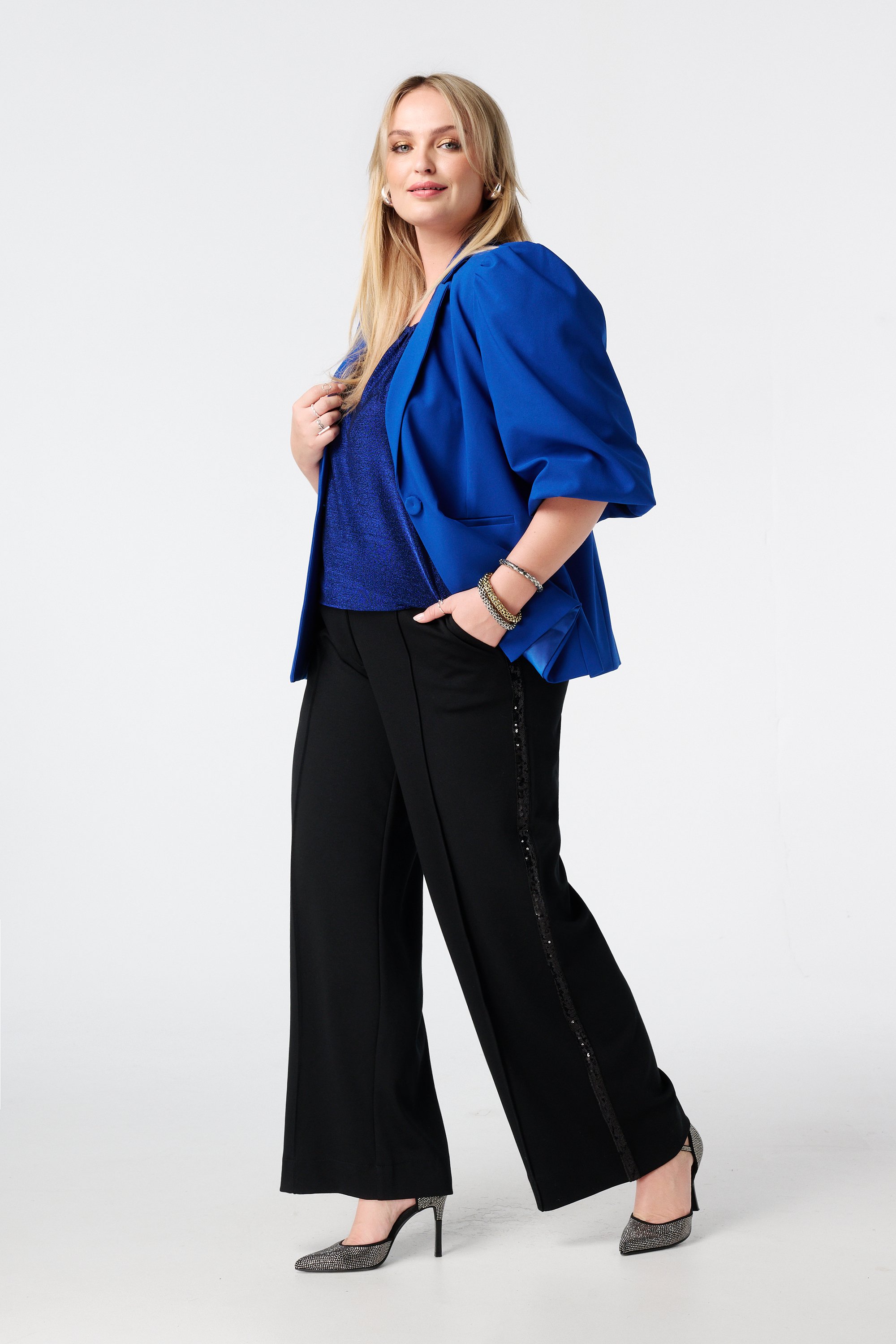 Wide leg pantalon met stretch en zijstreep Zwart