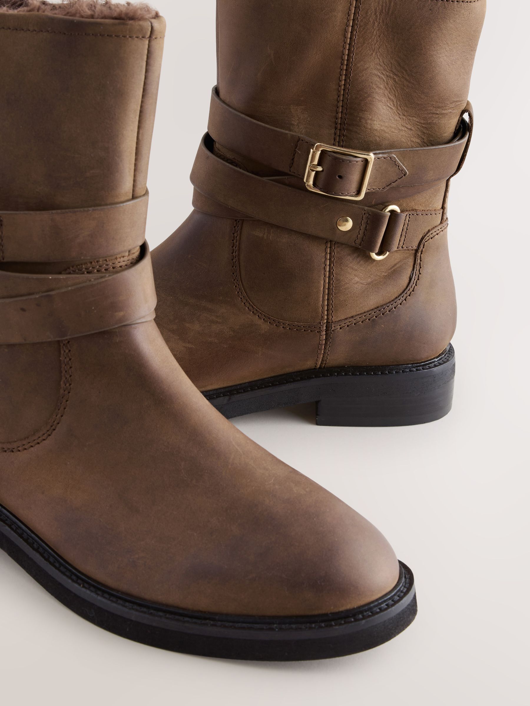 Chestnut Brown Oiled Leather - Forever Comfort® Borg Lined Buckle Trim Ankle Boots