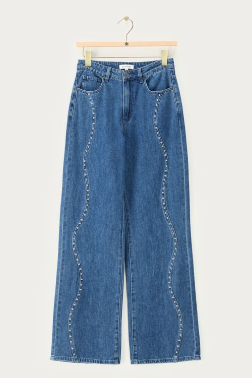Donkerblauwe wide leg jeans met wavy studs