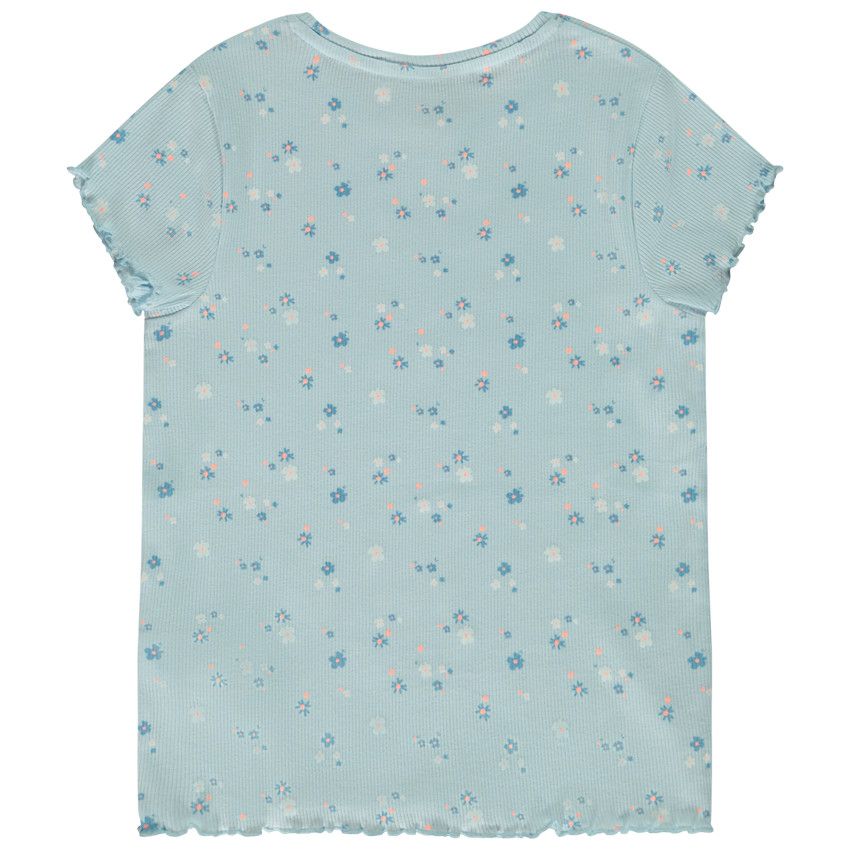 T-shirt manches courtes côtelé imprimé fleuri pour fille - Bleu
