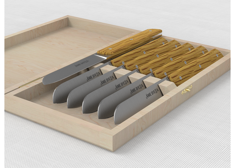 Service de 6 couteaux de table avec un manche en bois de chêne et lame en acier inoxydable