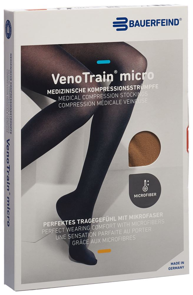 Bauerfeind VenoTrain Micro KKL2 AG<br>1 Paar, L, plus/short offene Fussspitze Spitzenhaftband caramel