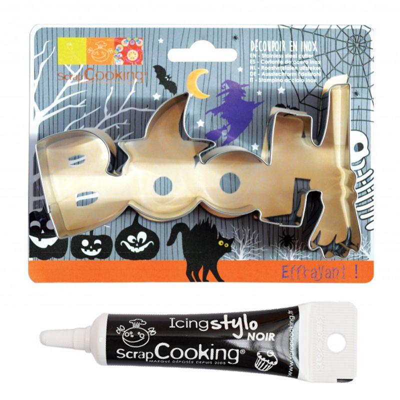 Découpoir à biscuits en inox Booh Halloween + stylo alimentaire noir S