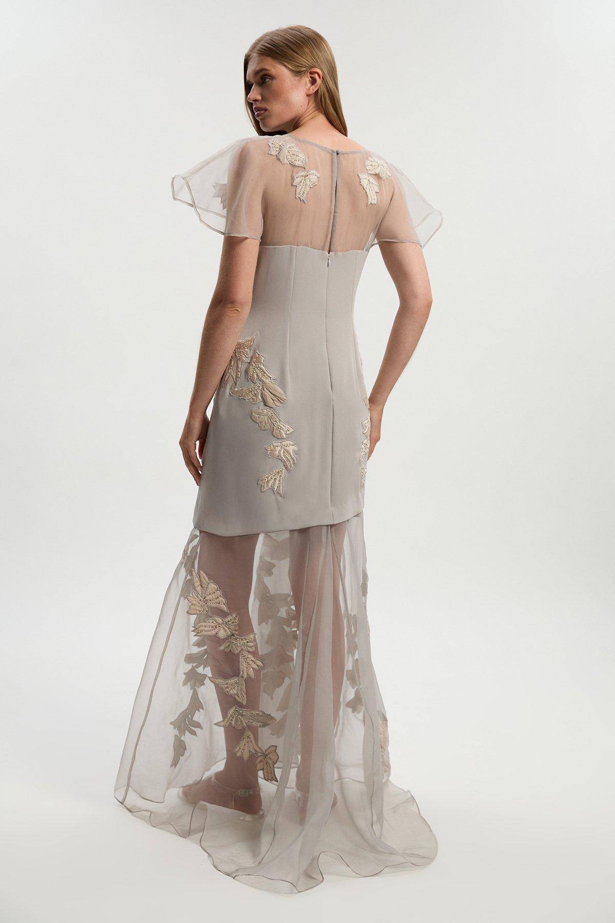 KarenMillen Robe Longue Tissée à Manches Évasées en Organdi Matelassé avec Appliqués Tall