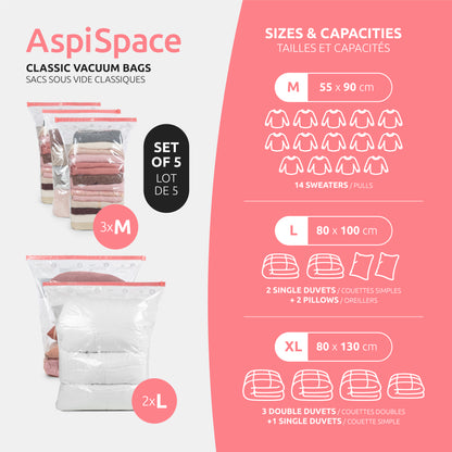 Lot de 5 sacs de rangement sous vide Aspispace 3 tailles M   2 tailles L