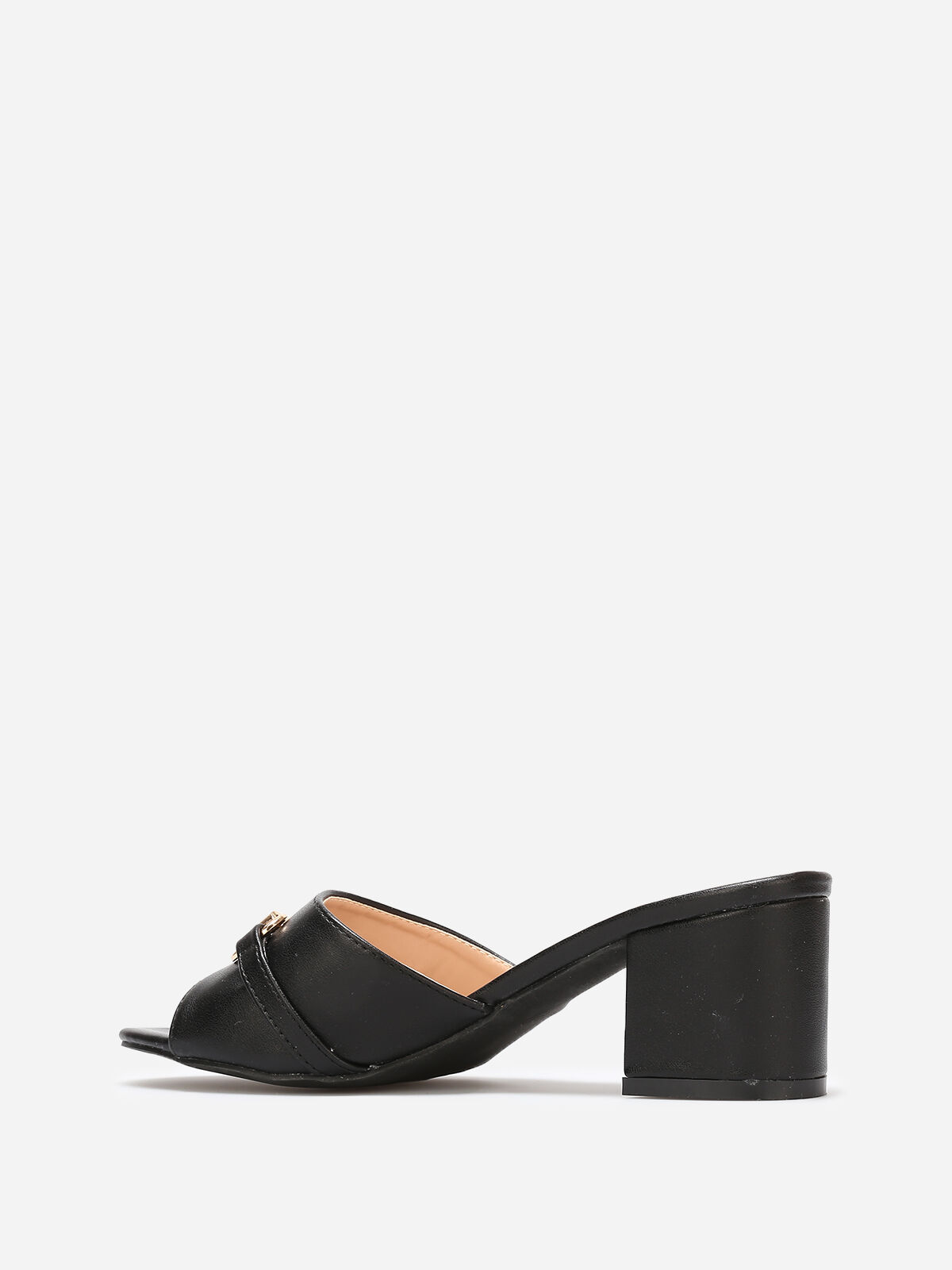 Mules à talon et détail boucle dorée- Noir