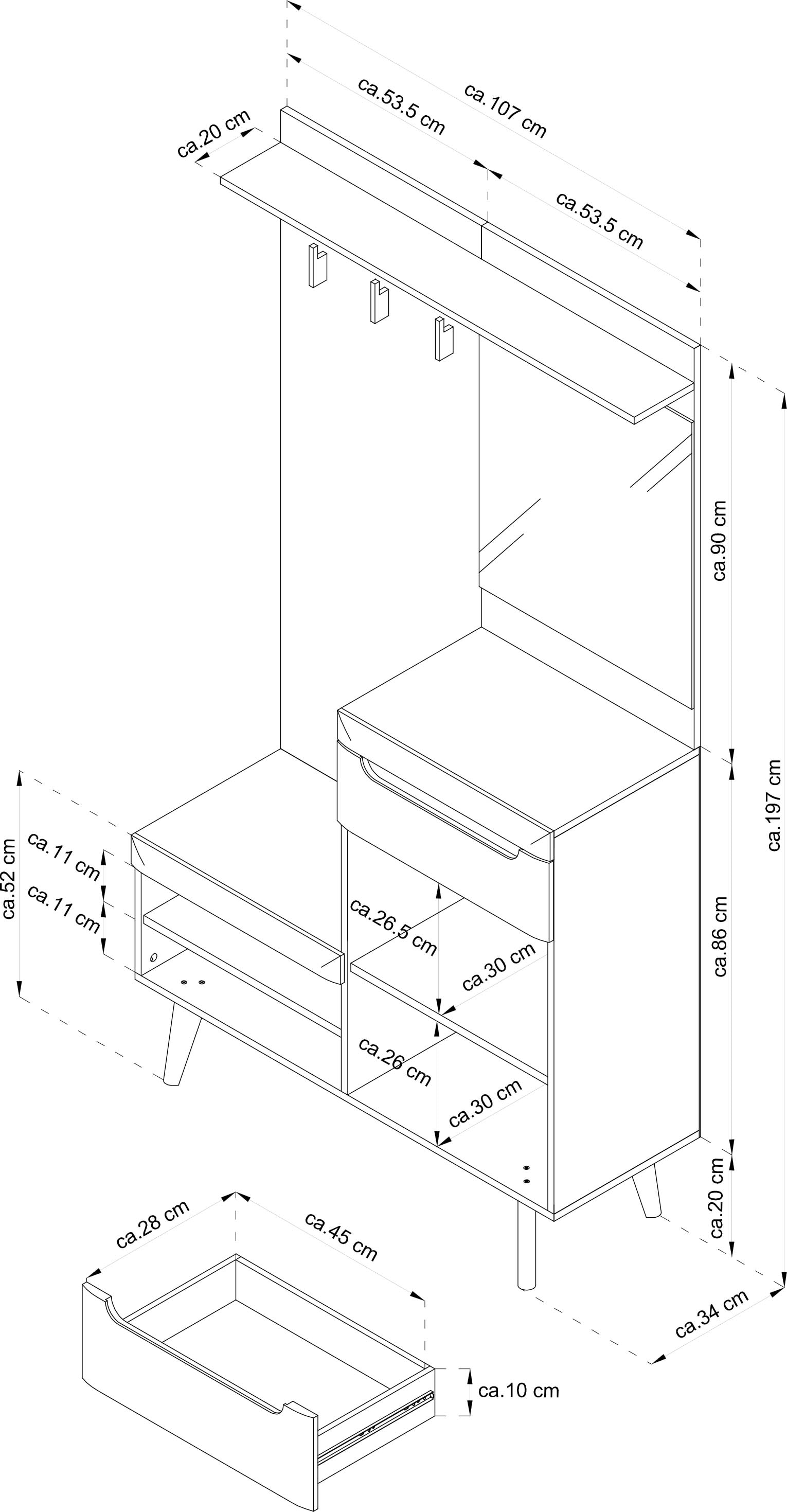 Home affaire Kompaktgarderobe »Torge, Garderobe mit Stauraum, Garderobenschrank im Scandic Design« in zwei Farben, viel Stauraum, 107 cm breit, für kleine Räume geeignet