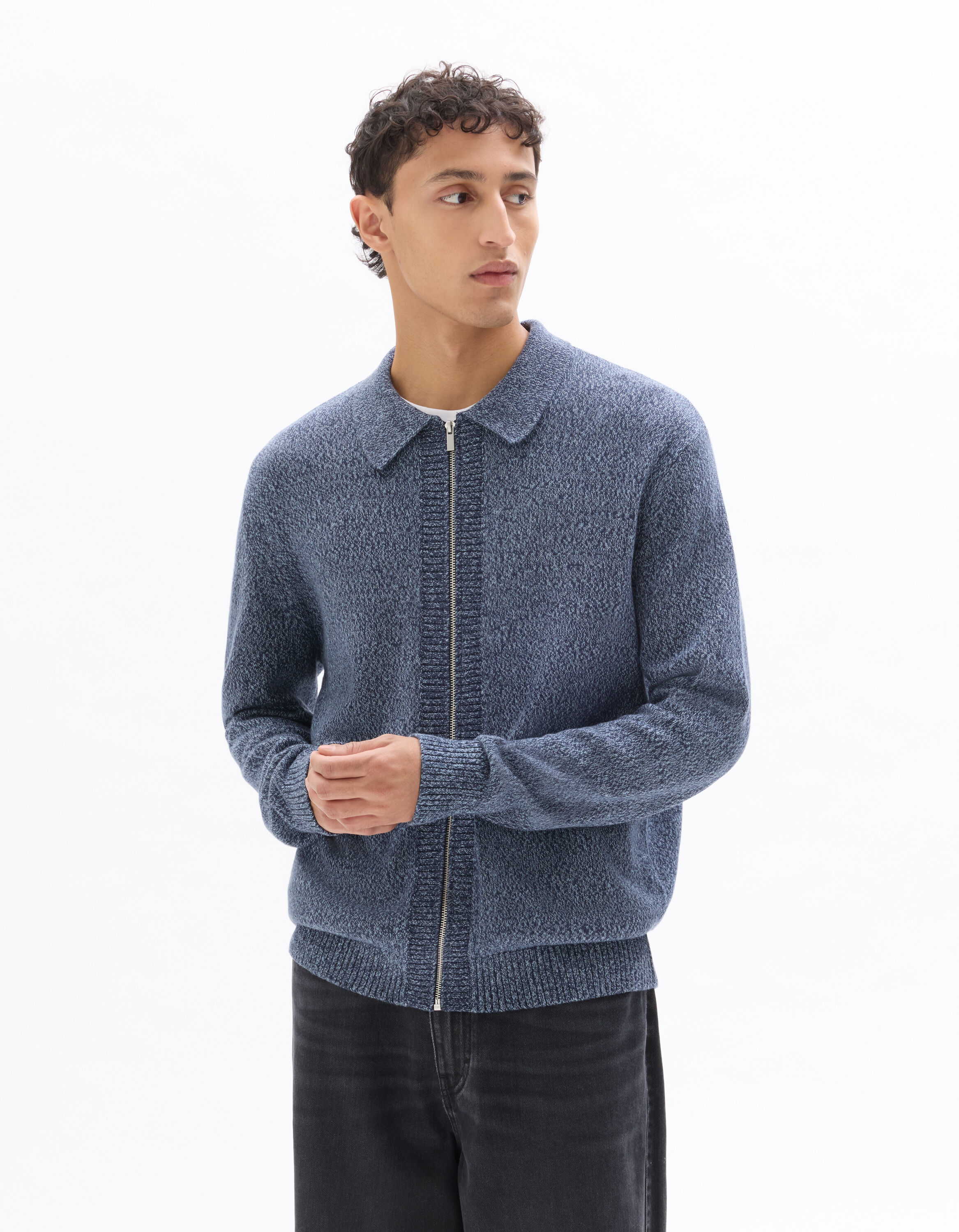 Cardigan relax zippé en maille moulinée - bleu