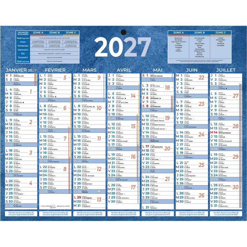 Calendrier semestriel mural année 2027 - 21 x 26,5 cm - 7 mois