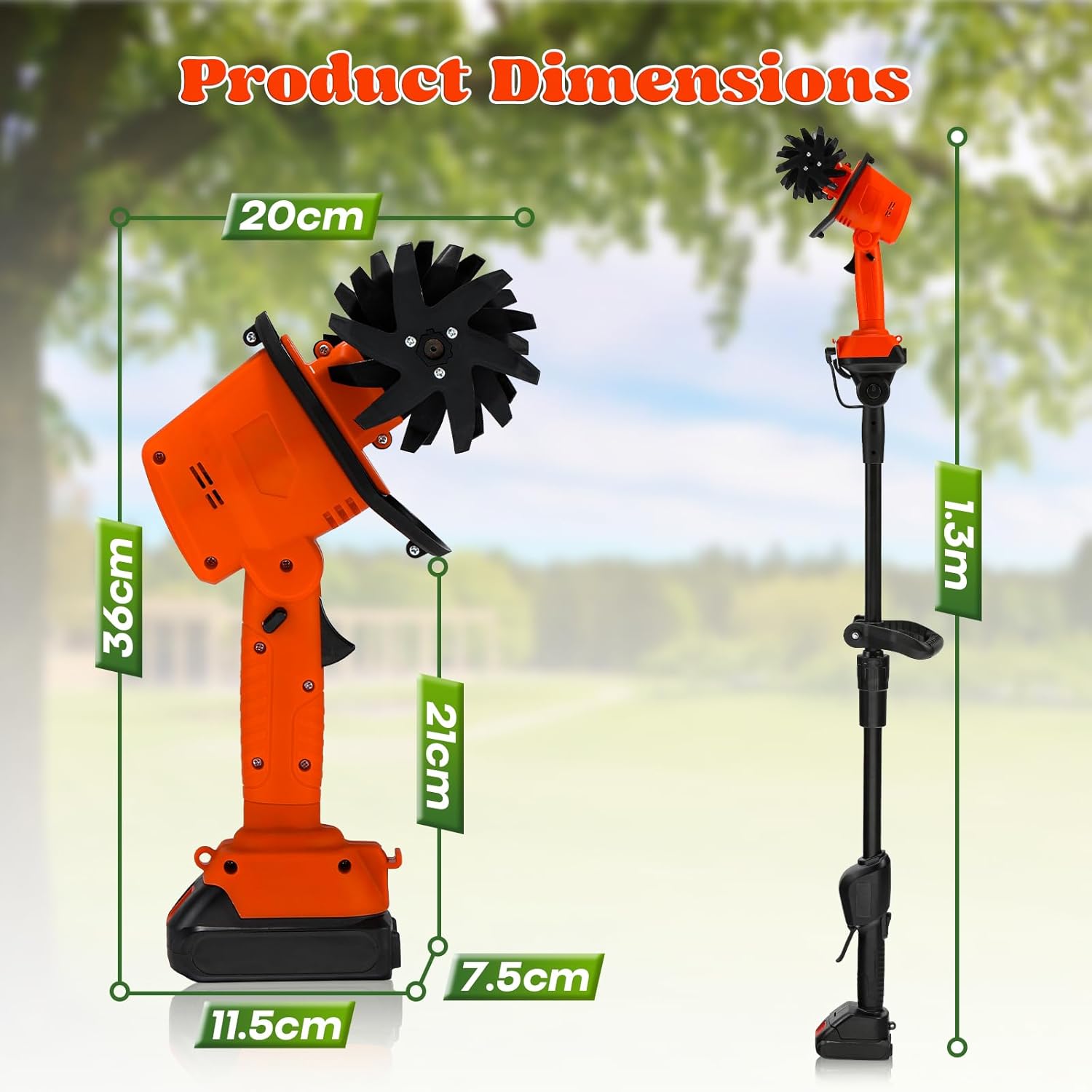 Moongiantgo 2-in-1 Akku-Motorhacke & Kultivator, Handheld/Stangenmontage mit 4 gehärteten Stahlmessern, 21V Dual-Akku für Bodenlockerung, Jäten & Furchen, 10cm Tiefe/Breite, 2×1500mAh