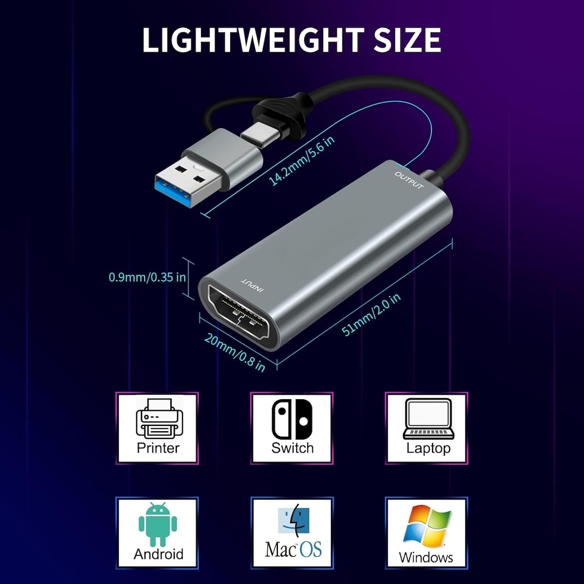 HDMI til USB-adapter for videoopptak 4K 30Hz USB-A og USB-C