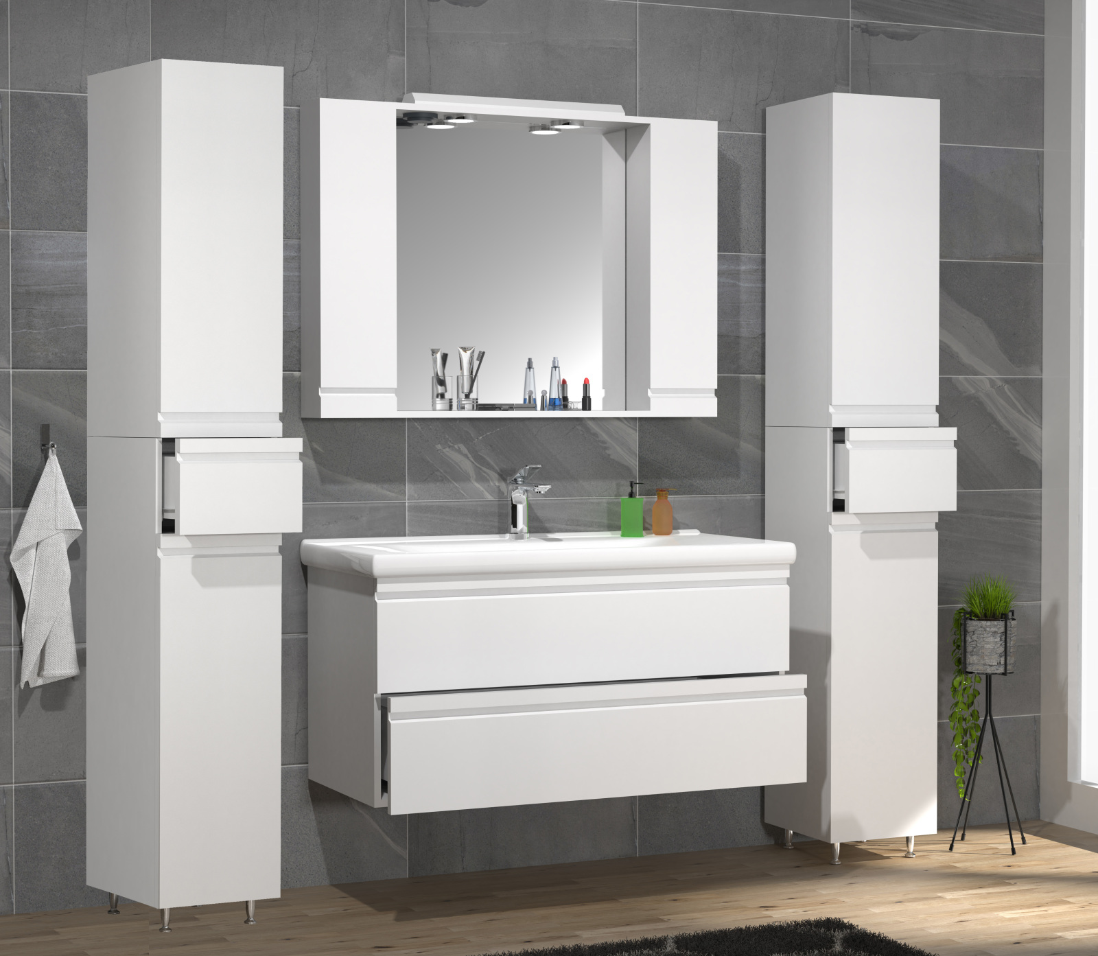5-teiliges Badmöbel-Set SILORA XL - weiß - 100 cm Waschbecken - mit Spiegelschrank
