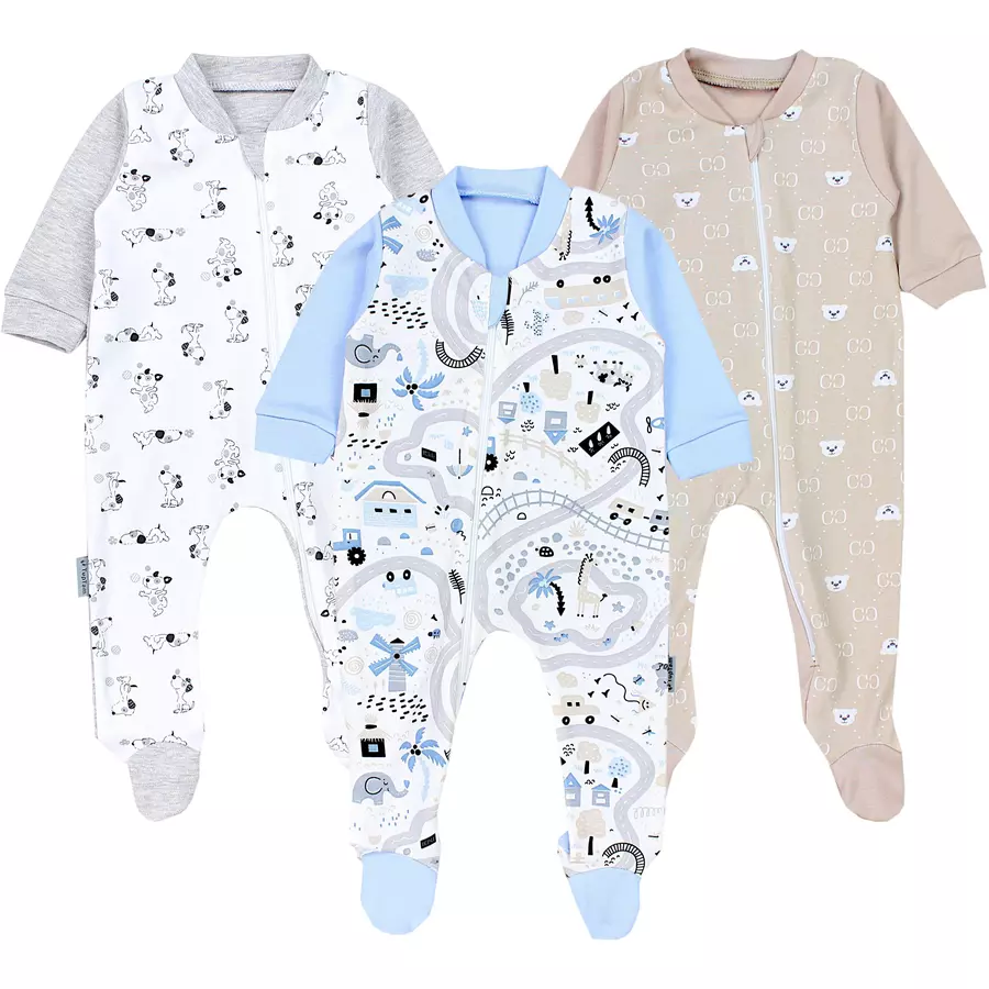 TupTam Baby Unisex Schlafstrampler mit Fuß 3er Pack blaubeige