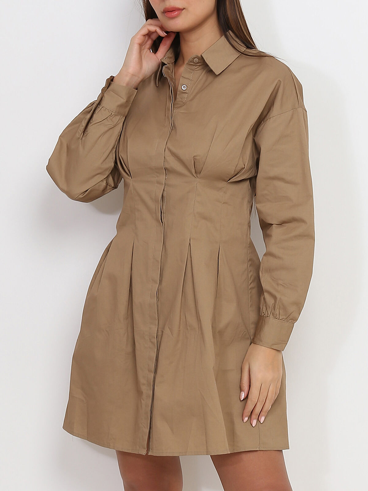 Robe chemise plissée et évasée- Taupe