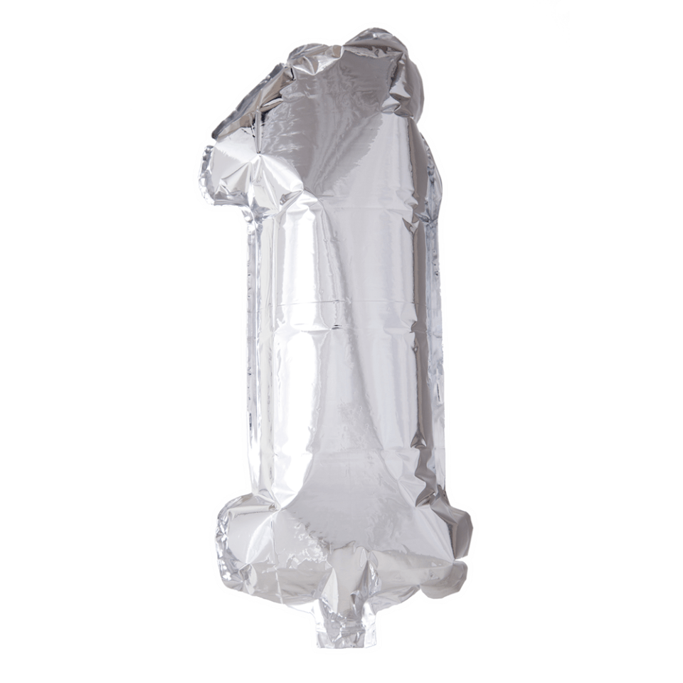 Folie Ballon Cijfer 1 Zilver 41cm met Rietje