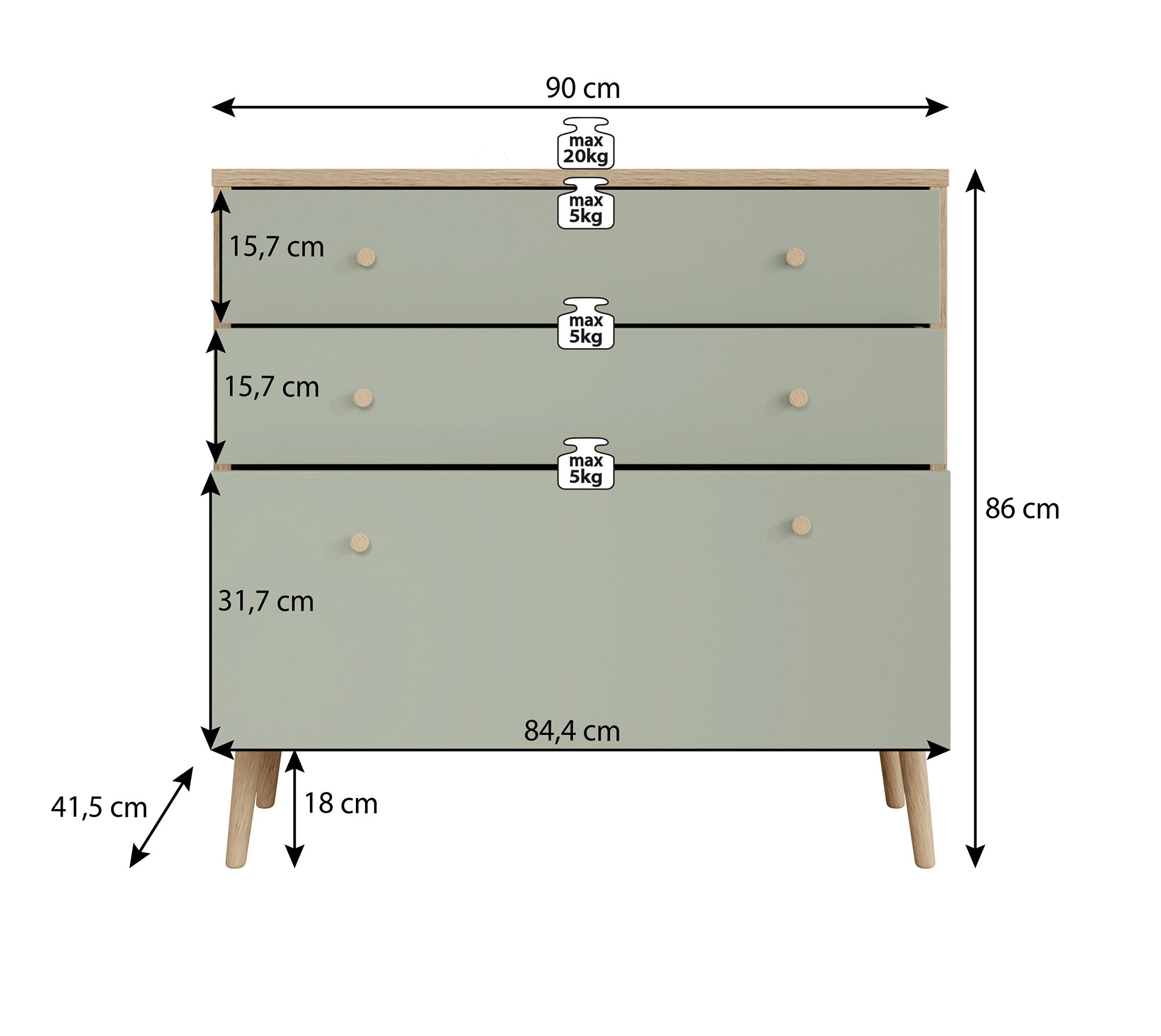 Meubella - Ladekast Wally - Licht eiken - Groen - 90 cm