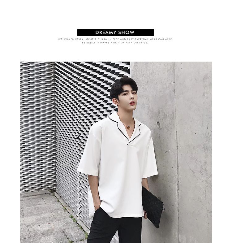 Bjorn - T-shirt met 3/4-mouwen, reverskraag en contrasterende bies en split