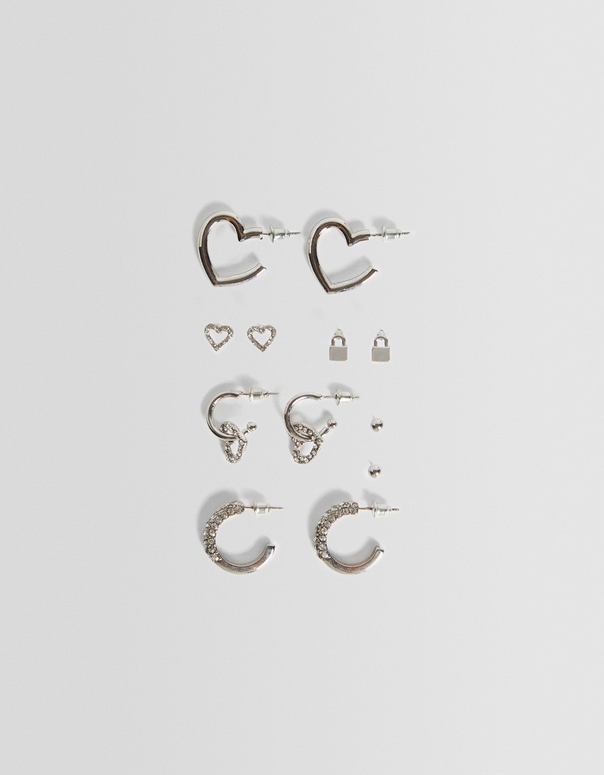 Conjunto de 6 brincos de coração com strass
