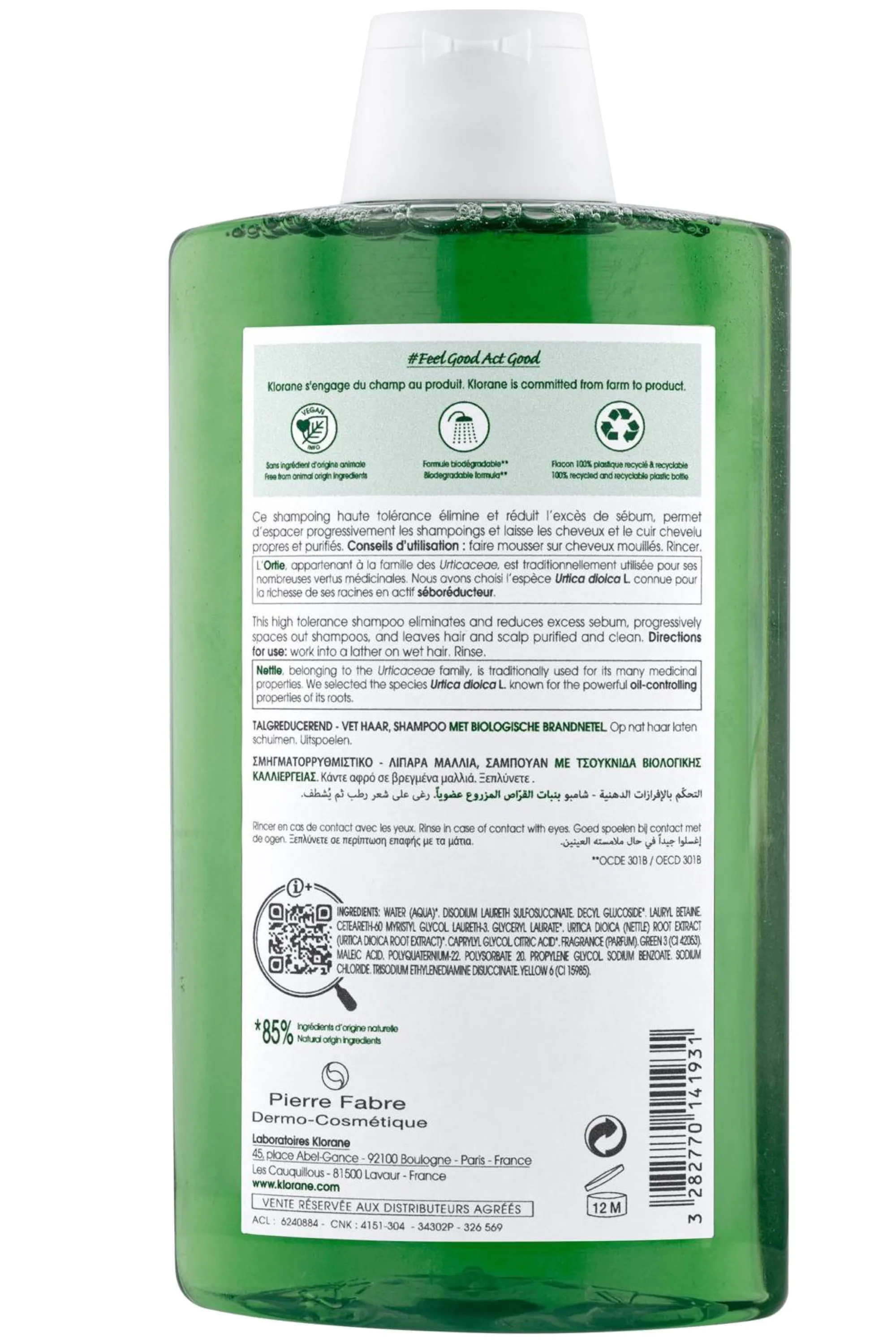 Klorane Shampoing séboréducteur à l’ortie bio pour cheveux gras-400 ml