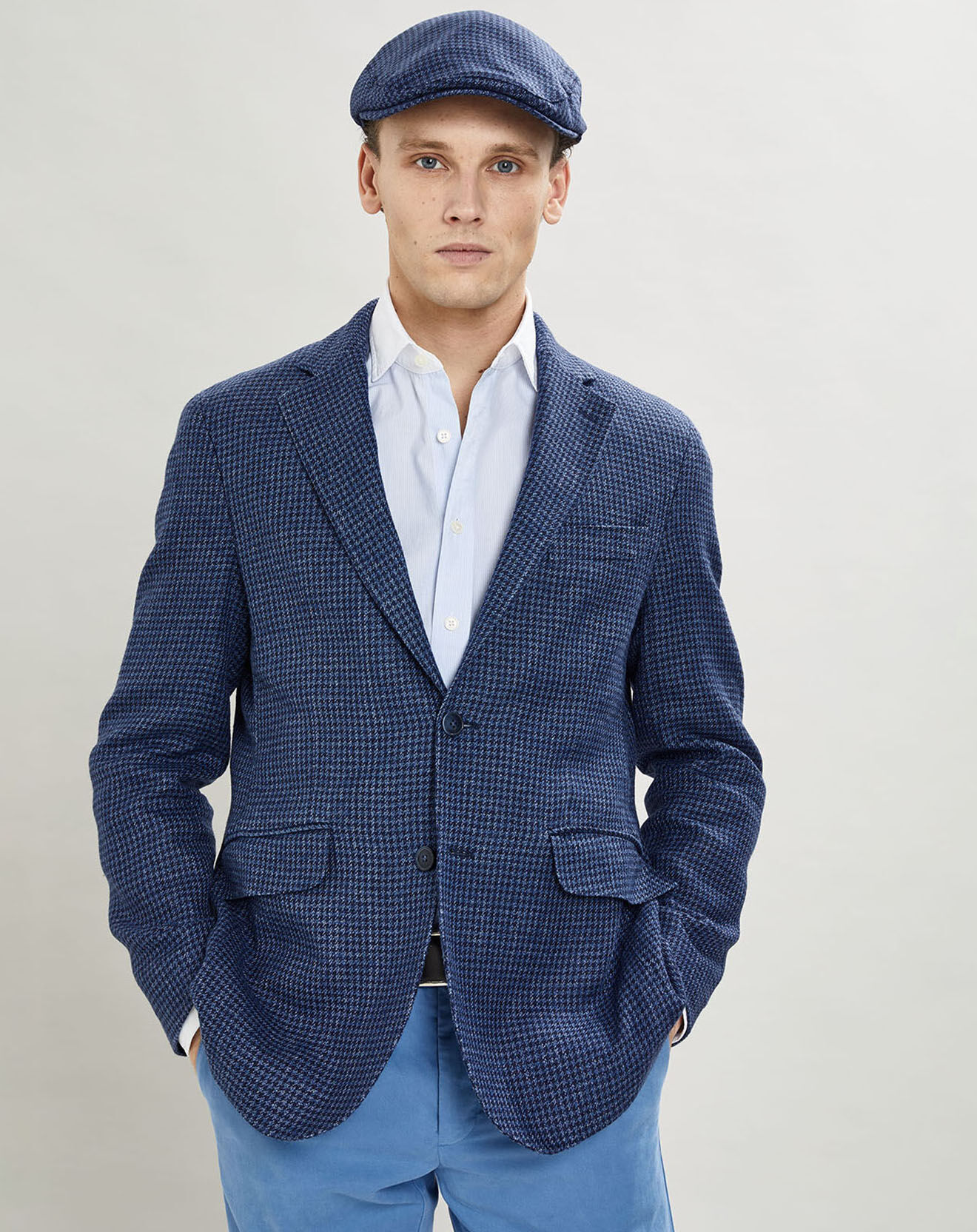 Hackett London Veste en Laine & Lin mélangés imprimé  pied de poule bleue