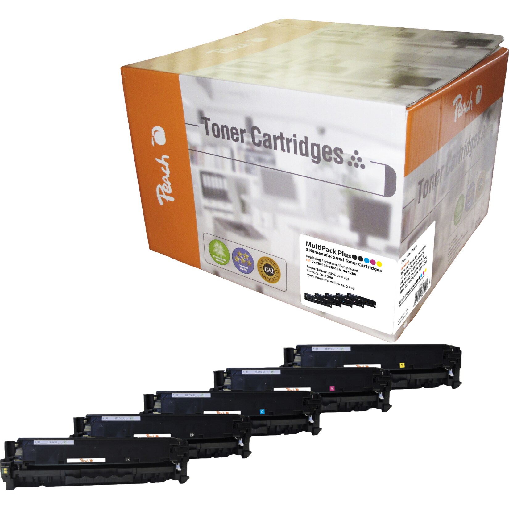 Peach HP 305 A 5 Toner (2*bk, c/m/y) ersetzt HP No. 305A, CE410A*2, CE411A, CE412A, CE413A für z.B. HP LaserJet Pro 300 color MFP M 375 nw (wiederaufbereitet)