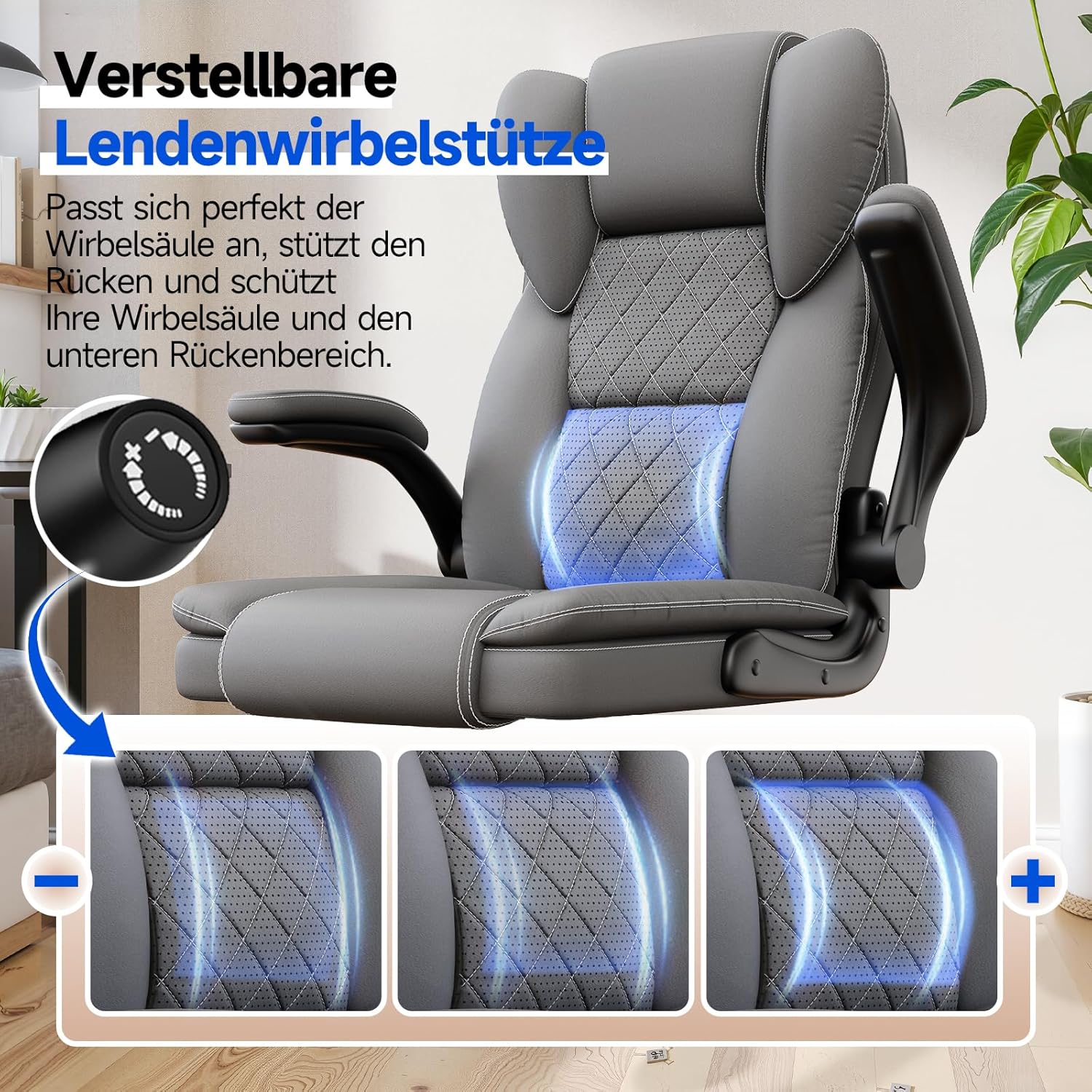 rattantree Bürostuhl, Großer Ergonomischer Bürostuhl mit Verstellbarer Lendenwirbelstütze, PU Leder Chefsessel, Drehstuhl mit Hochklappbaren Armlehnen, Liegestuhl für Büro und Zuhause, Grau