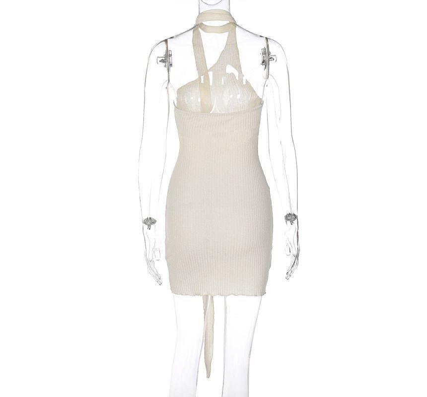 Rosesand - Halterhals effen asymmetrische geribbelde mini bodycon gebreide jurk